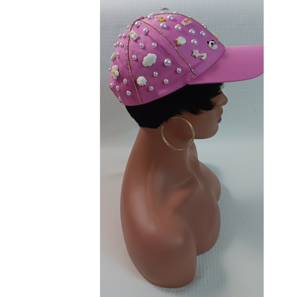 Custom Pink Repurposed Charm Baseball Cap Faux Pearl Rhinestone Adjustable Hat‎